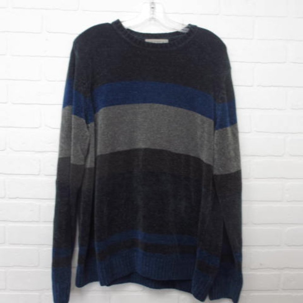 Vintage 90s Retreat Blue Grey Colour Block Stripes Chenille Sweater Size Medium